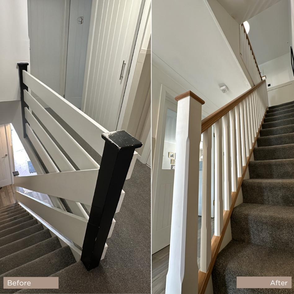 Before and after images of a staircase renovation